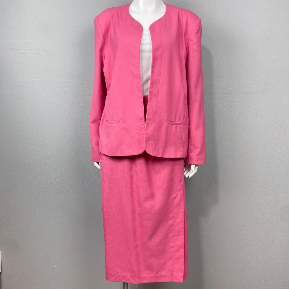 Boston Traveler Skirt Suit Womens L‎ Pink Vintage Open Jacket Midi Skirt Set